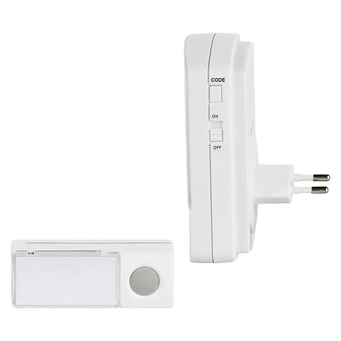 Heidemann Funk-Gong-Set 70828 HX Nightlight - Reichweite ca.: 150 m, 85 dB, Batteriebetrieben - Nahaufnahme eines weißen Funkgong-Sets mit Netzstecker und Klingeltaste.