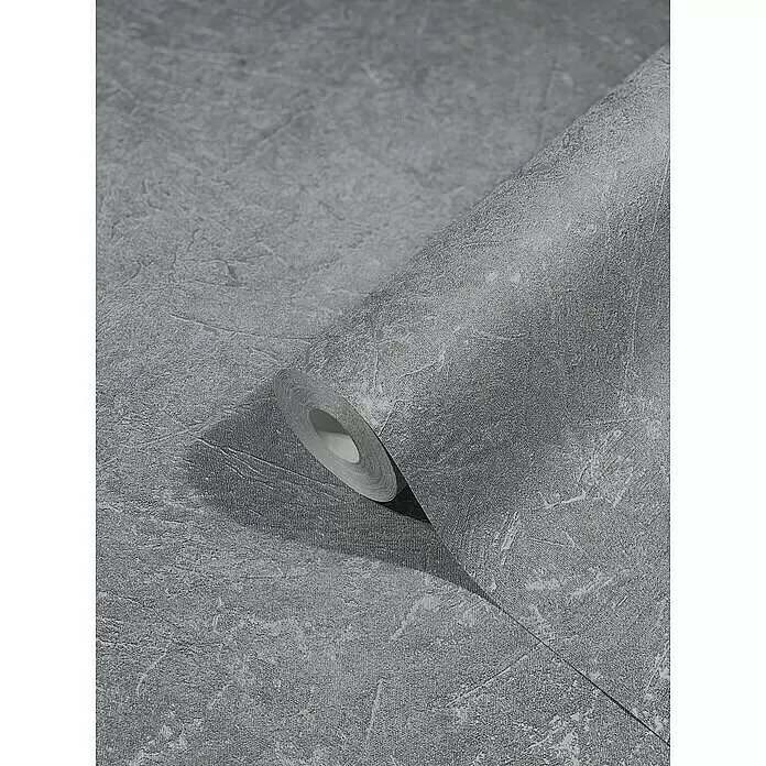Marburg Vintage Deluxe Vliestapete - Grau-Silber, Uni, 10,05 x 0,53 m - Rolle aus texturierter grauer Tapete, die ihr detailliertes Muster zeigt.