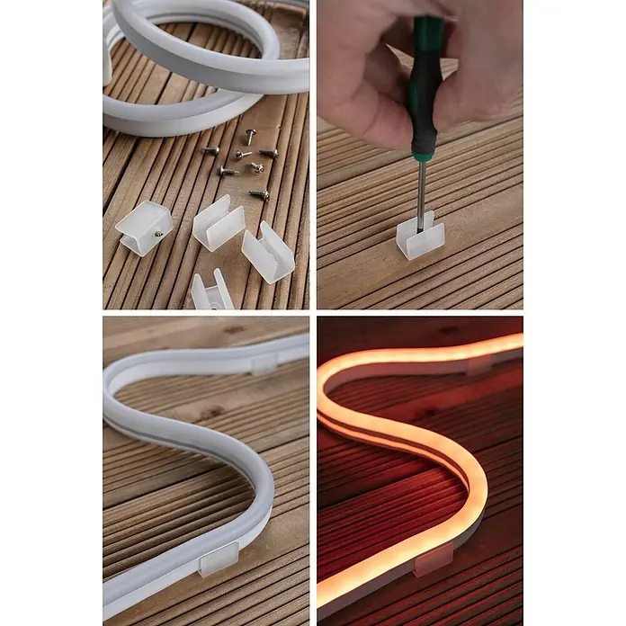 Paulmann LED-Band - Länge: 300 cm, Lichtfarbe: RGB, 19,5 W, 114 lm, 230 V - Bilder zeigen die Installation einer flexiblen LED-Neonröhre mit Montageclips auf Holz. Das LED-Band leuchtet warmorange.