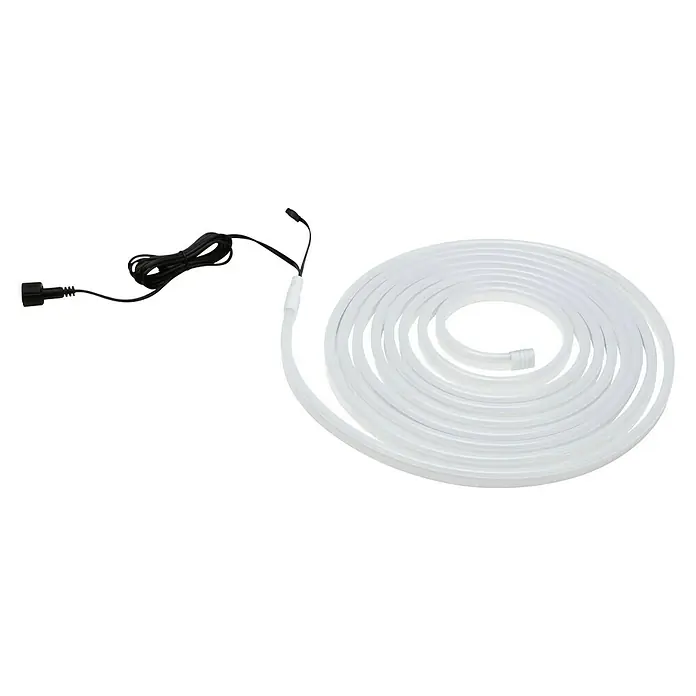 Paulmann LED-Band - Länge: 500 cm, Lichtfarbe: RGB, 35 W, 179 lm, 230 V - Neonstreifen-LED-Licht mit Stromkabel. Die LED-Leuchte ist auf einer schwarzen Oberfläche zu einer Spirale aufgerollt.