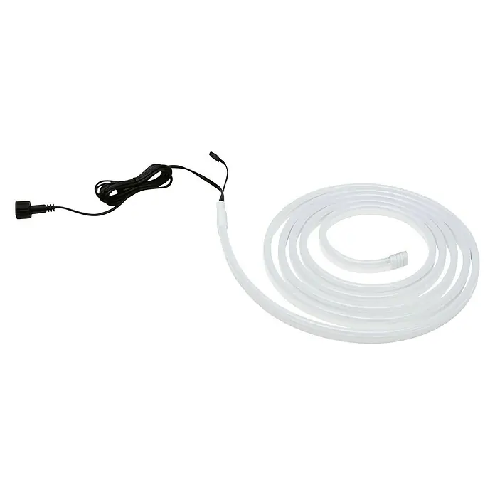 Paulmann LED-Band - Länge: 300 cm, Lichtfarbe: RGB, 19,5 W, 114 lm, 230 V - Weiße LED-Lichterkette auf schwarzem Hintergrund. Die flexible Leuchte ist aufgerollt und mit einem Stromkabel verbunden.