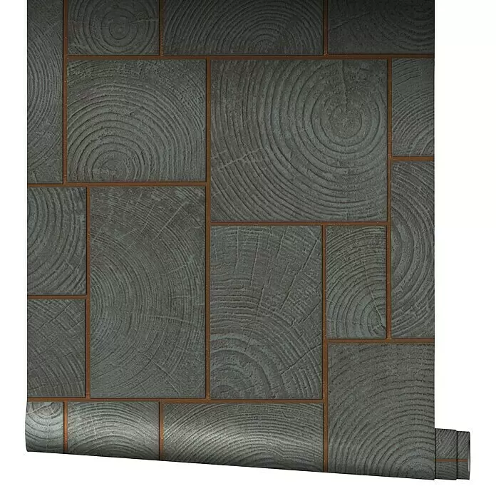 Marburg Natural Opulence Vliestapete - Anthrazit, Holzoptik, 10,05 x 0,7 m - Graue Tapete mit Mosaikmuster aus Holzquerschnitten und goldenen Trennlinien, teilweise abgerollt.
