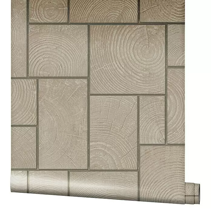Marburg Natural Opulence Vliestapete - Beige, Holzoptik, 10,05 x 0,7 m - Tapetenrolle mit hellem, beigefarbenem Holzblockmuster mit konzentrischen Jahresringen.