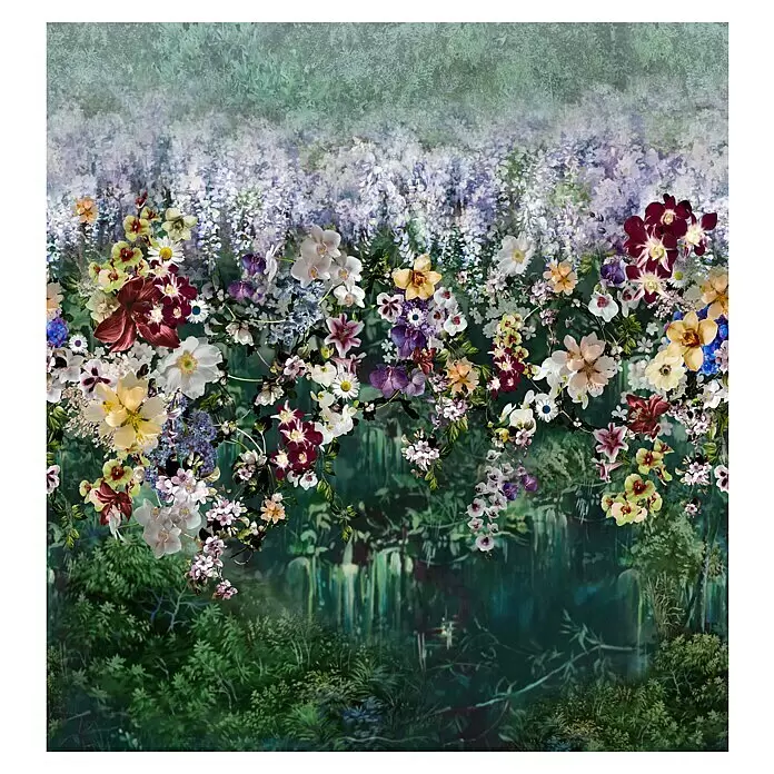 Marburg Smart Art Gallery Fototapete Blumen-Allover - B x H: 3,18 x 3,4 m, Vlies - Üppiges Blumenmuster mit verschiedenen farbigen Blumen wie Orchideen und Lilien vor einem dunkelgrünen und zartlila Hintergrund.