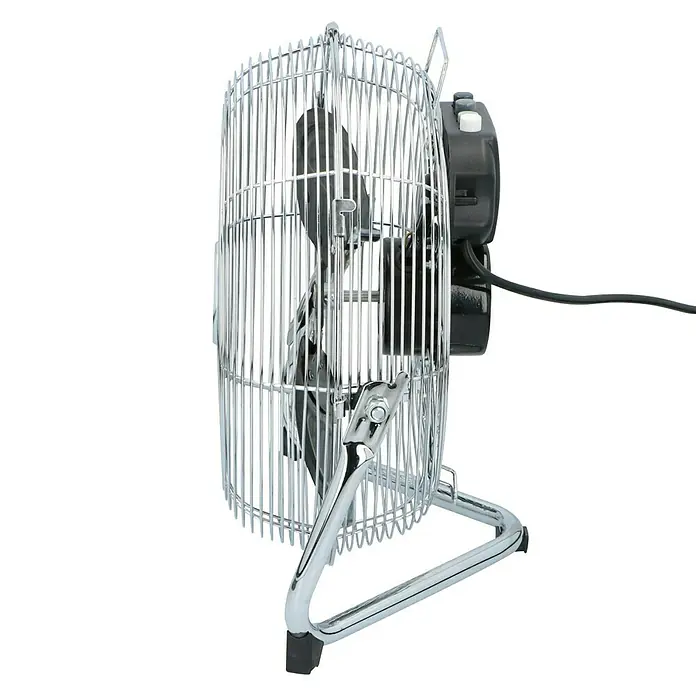 Lifetime Ventilador de suelo Air - Potencia nominal: 80 W, Plateado, 40 cm - Imagen de un ventilador de escritorio cromado, con un motor negro y un cable, sobre un fondo negro.