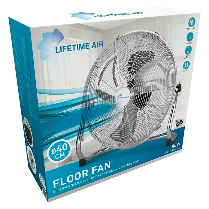 Lifetime Ventilador de suelo Air - Potencia nominal: 80 W, Plateado, 40 cm - Embalaje de un ventilador de pie Lifetime Air de 40 cm, con 3 velocidades, bajo nivel de ruido y protección térmica.