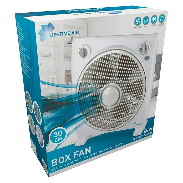 Lifetime Ventilador de suelo Box - 45 W, Blanco, 30 cm - Imagen de un paquete de un ventilador de caja Lifetime Air, un ventilador de caja portátil con 3 velocidades, temporizador y protección giratoria.