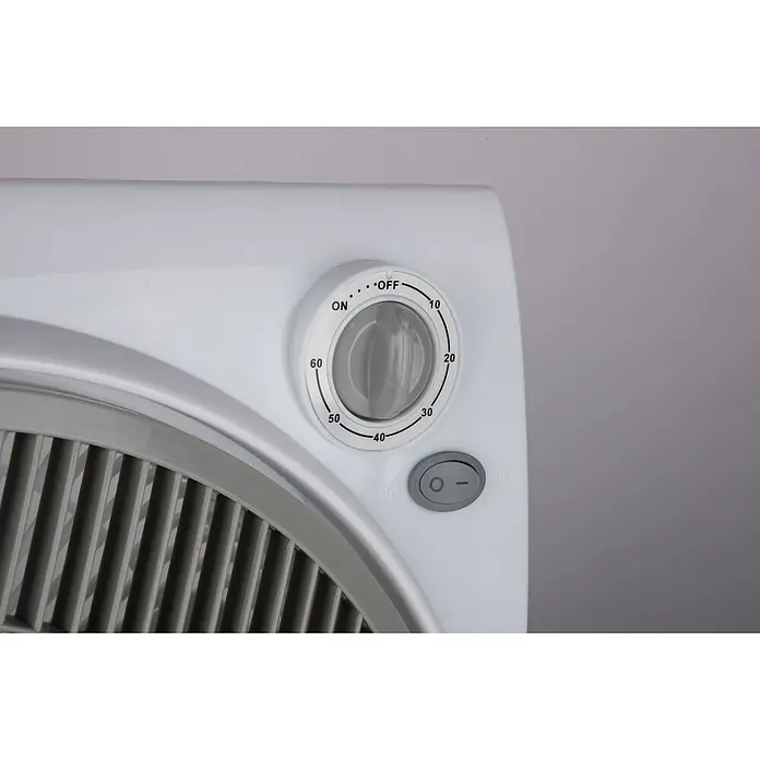 Lifetime Ventilador de suelo Box - 45 W, Blanco, 30 cm - Primer plano de un aire acondicionado blanco con un botón de temporizador y un interruptor de encendido/apagado.
