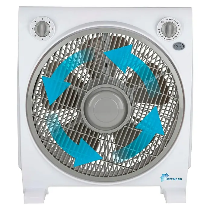 Lifetime Ventilador de suelo Box - 45 W, Blanco, 30 cm - Primer plano de un ventilador Lifetime Air con flechas azules que muestran la circulación del aire, ideal para enfriar.