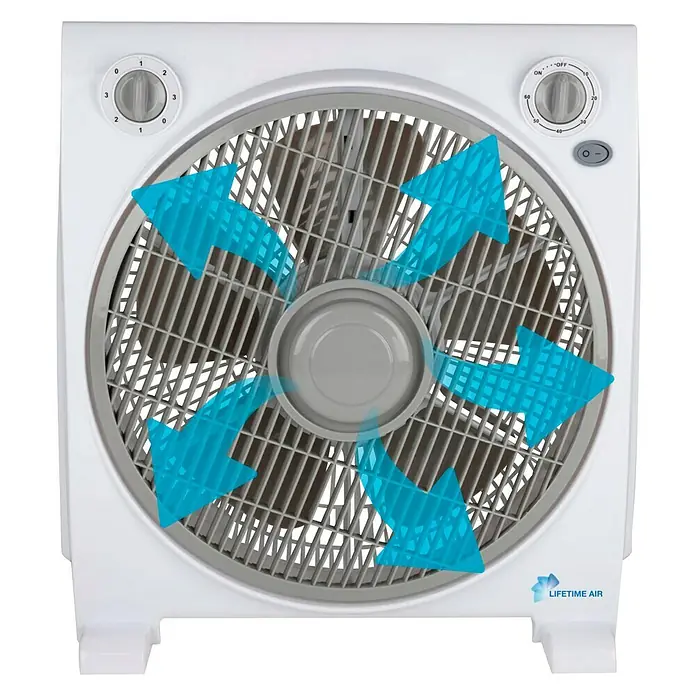 Lifetime Ventilador de suelo Box - 45 W, Blanco, 30 cm - Un ventilador de caja Lifetime Air blanco con flechas de flujo de aire resaltadas en azul y controles de velocidad para una refrigeración óptima.