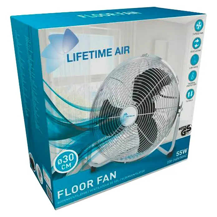 Lifetime Ventilador de suelo Air - Potencia nominal: 55 W, Plateado, 30 cm - Embalaje de un ventilador de suelo Lifetime Air, que muestra información del producto y una imagen del ventilador.