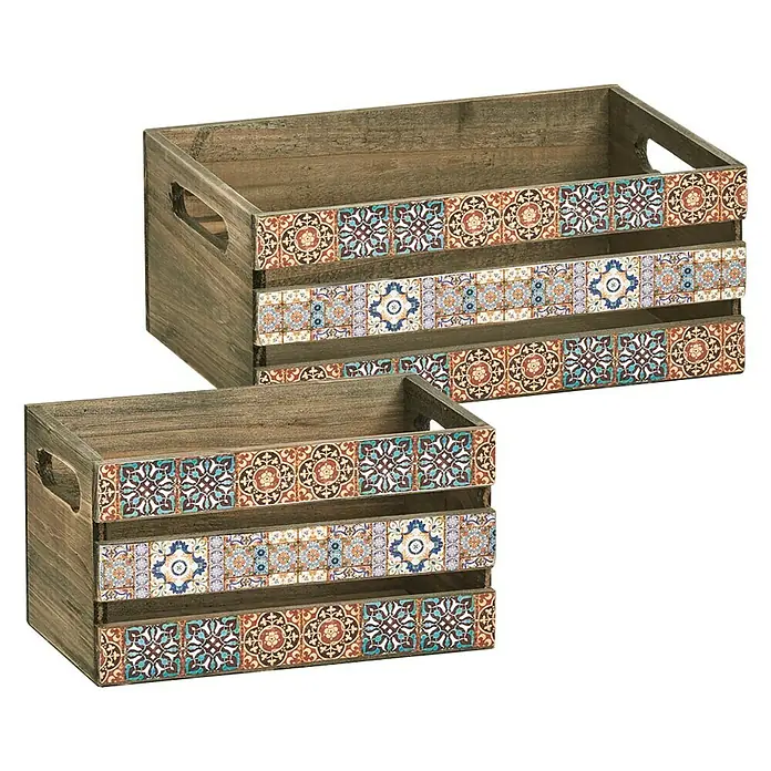 Zeller Present Aufbewahrungsbox Mosaik - L x B x H: 240 x 140 x 135 mm, Holz, Braun - Zwei dekorative Holzkisten mit farbenfrohen Fliesenmustern für eine stilvolle Aufbewahrungslösung.