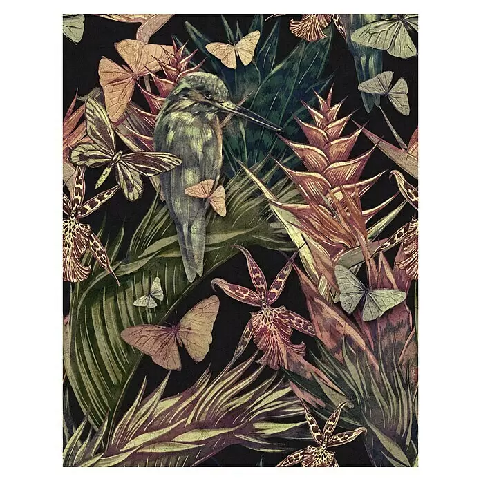 Marburg Smart Art Gallery Fototapete Exotic Bird - B x H: 2,12 x 2,7 m, Vlies - Vintage-Tropenillustration mit Vogel, Schmetterlingen und Pflanzen auf dunklem Hintergrund, gealterte Textur.