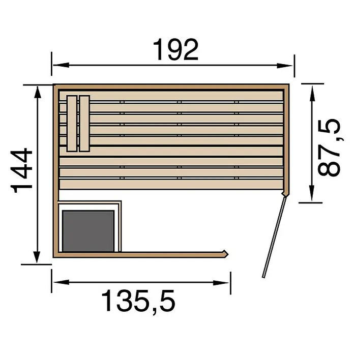 Weka Massivholzsauna KEMI - Mit 7,5 kW Bio-Ofen mit digitaler Steuerung, L x B x H: 188 x 140 x 200 cm, Eckeinstieg - Grundriss einer Sauna mit Maßen. Die Sauna hat eine Bank und einen Ofen. Die Maße sind in Zentimetern angegeben.