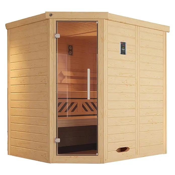 Weka Massivholzsauna KEMI - Mit 7,5 kW Bio-Ofen mit digitaler Steuerung, L x B x H: 188 x 140 x 200 cm, Eckeinstieg - Das Bild zeigt eine moderne Sauna mit Holzwänden und einer Glastür, die zum Entspannen einlädt. Ein Bedienfeld ist an der Außenseite angebracht.