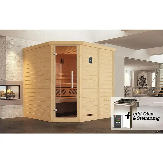 Weka Massivholzsauna KEMI - Mit 7,5 kW Bio-Ofen mit digitaler Steuerung, L x B x H: 188 x 140 x 200 cm, Eckeinstieg - Eine Ecksauna aus hellem Holz mit Glastür und Ofen ist im Raum platziert. Die Sauna bietet Platz für Entspannung und Wellness.