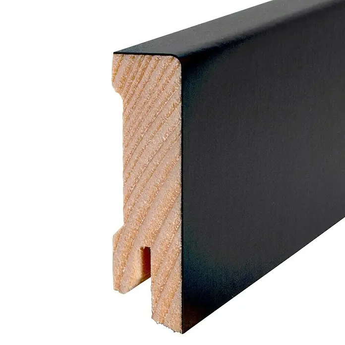 Sockelleiste - 240 cm x 16 mm x 58 mm, Fichte, Schwarz, Lackiert - Nahaufnahme eines schwarzen Holzbilderrahmens mit einer geriffelten Textur auf der Holzoberfläche.