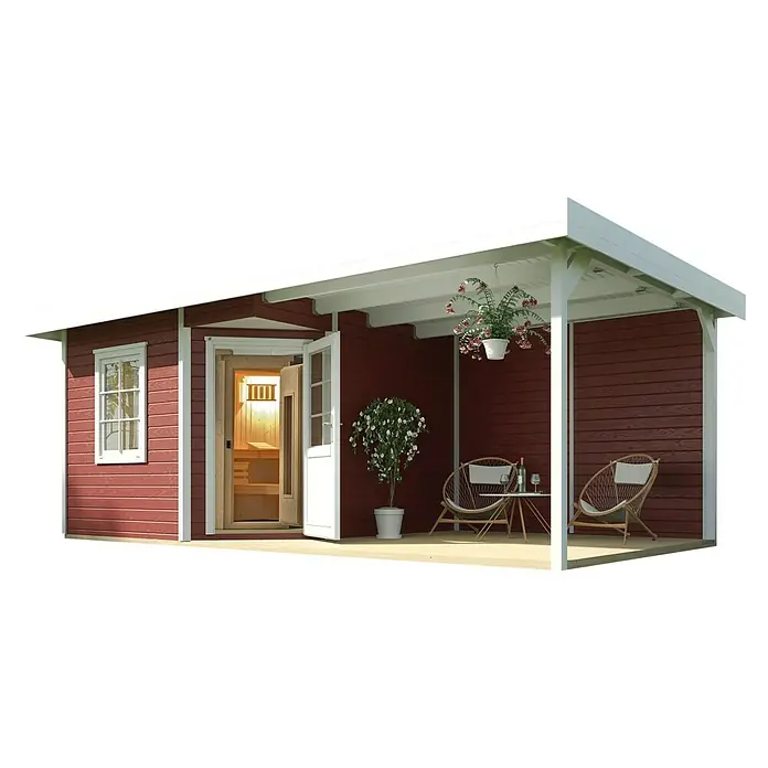 Weka Saunahaus Salo - Mit 7,5 kW Bio-Ofen mit digitaler Steuerung, Rot, L x B x H: 601 x 298 x 237 cm - Das Gartenhaus bietet einen überdachten Außenbereich. Hier sitzt man geschützt vor Wind und Wetter und genießt die Natur.