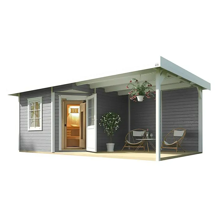 Weka Saunahaus Salo - Mit 7,5 kW Bio-Ofen mit digitaler Steuerung, Grau, L x B x H: 601 x 298 x 237 cm - Dieses Bild zeigt ein graues Gartenhaus mit Sauna, Veranda, Sitzgelegenheiten und Pflanzen, ideal zum Entspannen im Freien.