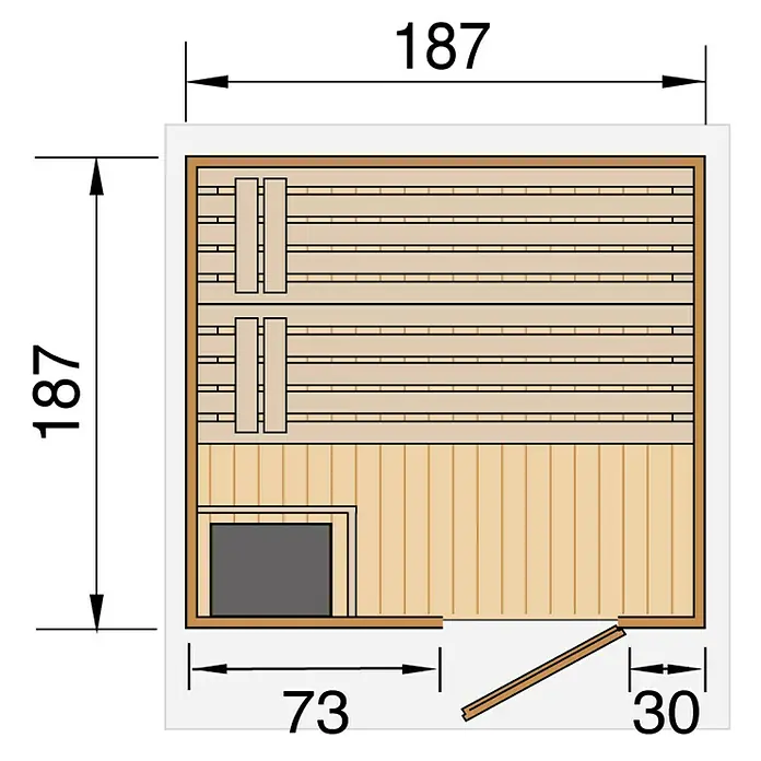 Weka Saunahaus Naantali - Mit 9 kW Ofen mit externer Steuerung, L x B x H: 186,6 x 186,6 x 253 cm - Draufsicht auf eine Sauna mit Abmessungen. Die Sauna hat eine Größe von 187 x 187 cm und eine Tiefe von 73 cm sowie eine Türbreite von 30 cm.