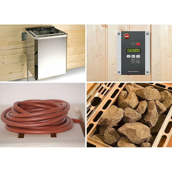 Weka Saunahaus Salo - Mit 7,5 kW Bio-Ofen mit digitaler Steuerung, Anthrazit, L x B x H: 601 x 298 x 237 cm - Produkt-Ansicht: Ein Saunofen mit Steinen, ein Bedienfeld, ein Schlauch und Steine für den Ofen.