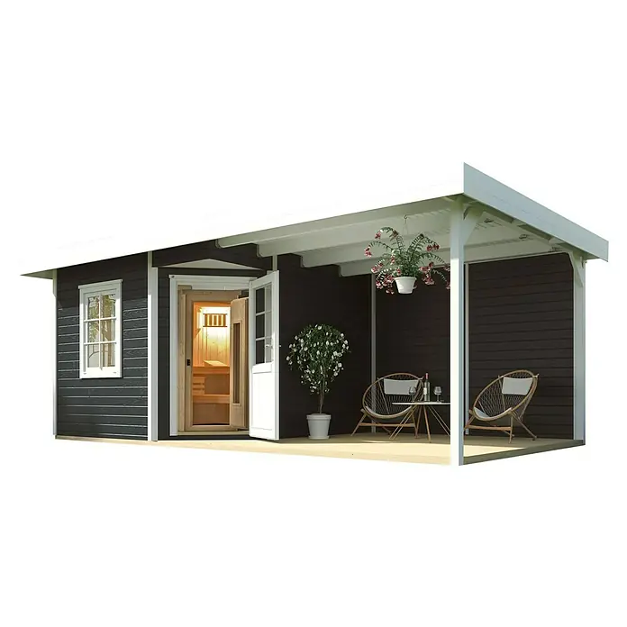 Weka Saunahaus Salo - Mit 7,5 kW Bio-Ofen mit digitaler Steuerung, Anthrazit, L x B x H: 601 x 298 x 237 cm - Bild eines modernen Gartenhauses in dunkler Farbe mit weißem Dach, Fenster und Türen, das einen hellen Saunabereich zeigt.