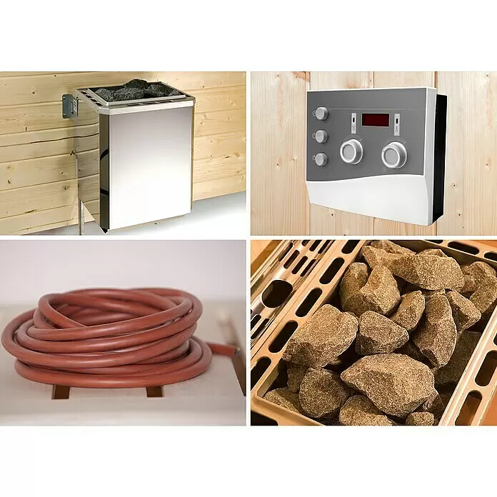 Weka Saunahaus Naantali - Mit 9 kW Ofen mit externer Steuerung, L x B x H: 186,6 x 186,6 x 253 cm - Saunakomponenten: ein metallischer Ofen mit Steinen, ein graues Bedienfeld, ein roter Schlauch und eine Nahaufnahme von Saunasteinen.