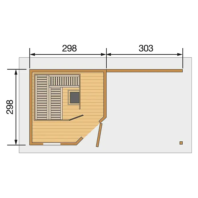 Weka Saunahaus Salo - Mit 7,5 kW Bio-Ofen mit digitaler Steuerung, Anthrazit, L x B x H: 601 x 298 x 237 cm - Grundriss eines Hauses mit den Maßen 298 x 298 cm für den ersten Raum und 303 cm für den angrenzenden Bereich, dargestellt in einer Draufsicht.