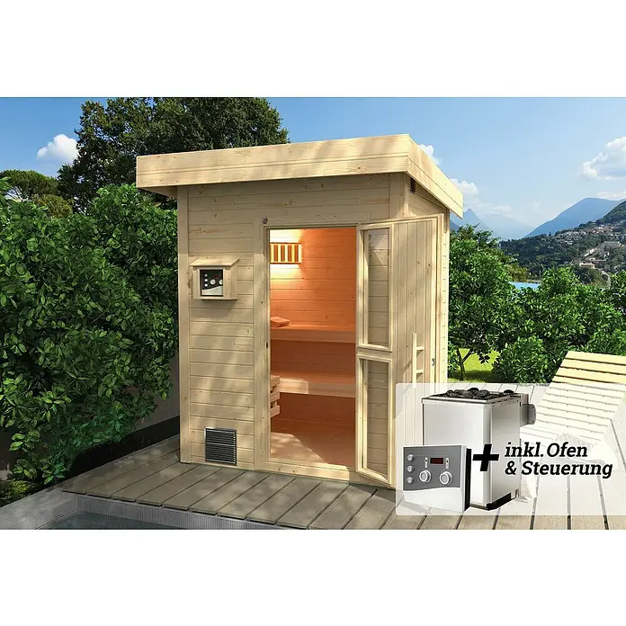 Weka Saunahaus Naantali - Mit 9 kW Ofen mit externer Steuerung, L x B x H: 186,6 x 186,6 x 253 cm - Eine Outdoor-Sauna aus Holz mit geöffneter Tür und einem Ofen mit Steuerung für ein entspannendes Saunaerlebnis im Freien.