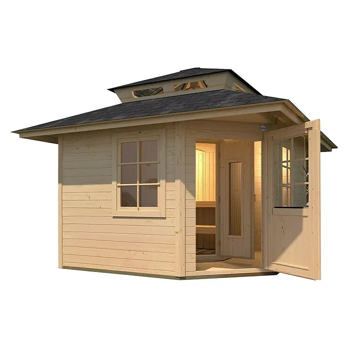 Weka Saunahaus Kurikka - Mit 7,5 kW Ofen mit digitaler Steuerung, L x B x H: 298 x 298 x 315 cm - Einladende Holzsauna mit offen stehender Tür und Fenster für entspannende Wellness-Momente.