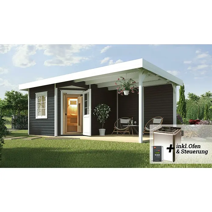 Weka Saunahaus Salo - Mit 7,5 kW Ofen mit digitaler Steuerung, Anthrazit, L x B x H: 601 x 298 x 237 cm - Abbildung einer Gartensauna mit Ofen und Steuerung. Das moderne Design integriert sich perfekt in jeden Garten.