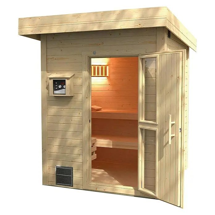Weka Saunahaus Naantali - Mit 9 kW Ofen mit externer Steuerung, L x B x H: 186,6 x 186,6 x 253 cm - Holzsauna mit offener Tür und Steuerungselement. Die Sauna bietet Entspannung und Wohlbefinden im eigenen Garten.