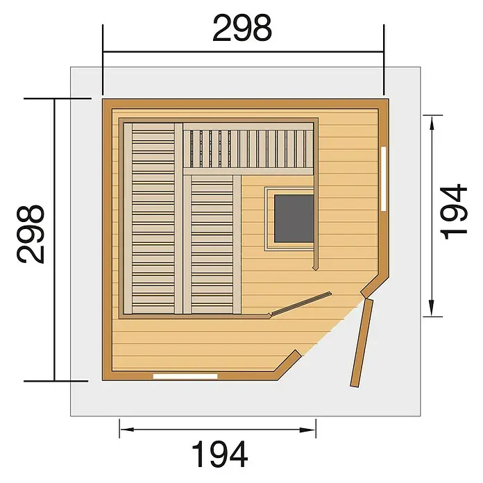 Weka Saunahaus Kurikka - Mit 7,5 kW Ofen mit digitaler Steuerung, L x B x H: 298 x 298 x 315 cm - Grundriss einer Sauna mit Maßen. Das Design zeigt eine detaillierte Aufteilung und Dimensionen der Saunakabine für Planungszwecke.