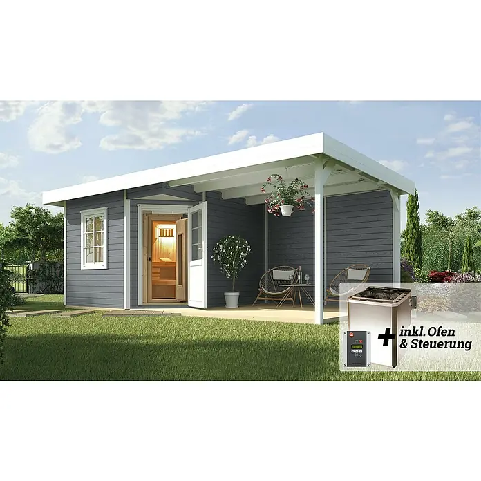 Weka Saunahaus Salo - Mit 7,5 kW Bio-Ofen mit digitaler Steuerung, Grau, L x B x H: 601 x 298 x 237 cm - Moderne Gartensauna mit überdachter Terrasse, inklusive Ofen und Steuerung für entspannende Wellnessmomente im eigenen Garten.