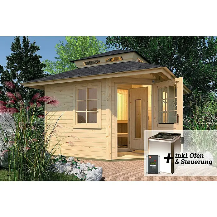 Weka Saunahaus Kurikka - Mit 7,5 kW Bio-Ofen mit digitaler Steuerung, L x B x H: 298 x 298 x 315 cm - Abbildung einer Gartensauna mit Ofen und Steuerung, umgeben von Pflanzen und Steinen. Die Sauna ist aus hellem Holz gefertigt.