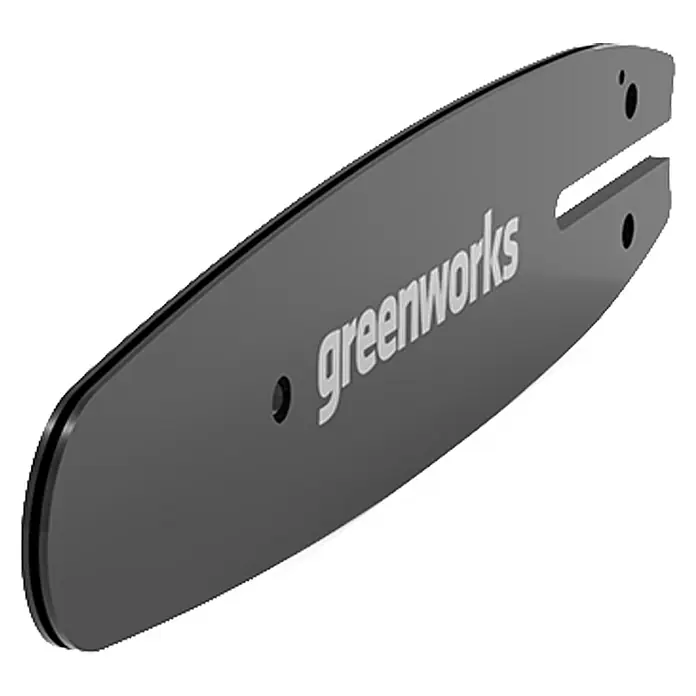 Greenworks Ersatz-Schwert ACS-25 - Passend für: Powerworks Dual Voltage Akku-Kettensäge P24CS25 - Nahaufnahme einer Greenworks Kettensägenführungsschiene. Sie ist grau und hat den Greenworks-Schriftzug gut sichtbar aufgedruckt.