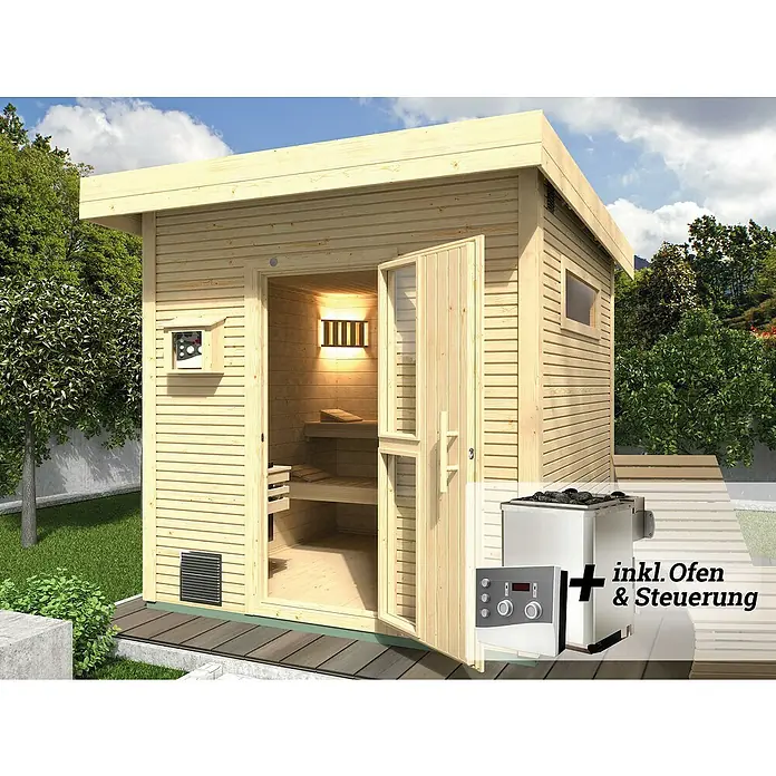 Weka Saunahaus Kuopio - Mit 9 kW Ofen mit externer Steuerung, Natur, L x B x H: 238 x 238 x 253 cm - Das Bild zeigt eine moderne Gartensauna aus hellem Holz mit geöffneter Tür und einem Saunaofen mit Steuerung.