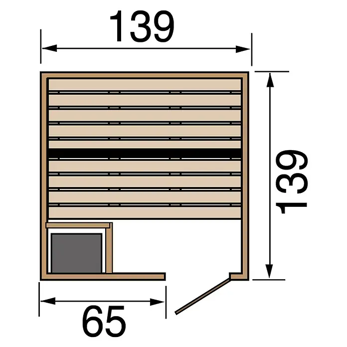 Weka Massivholzsauna Valida - Mit 4,5 kW Ofen mit digitaler Steuerung, L x B x H: 137 x 137 x 203,5 cm - Schemazeichnung einer Sauna mit den Maßen 139 x 139 cm und einem Ofenbereich von 65 cm Breite. Die Tür ist leicht geöffnet dargestellt.