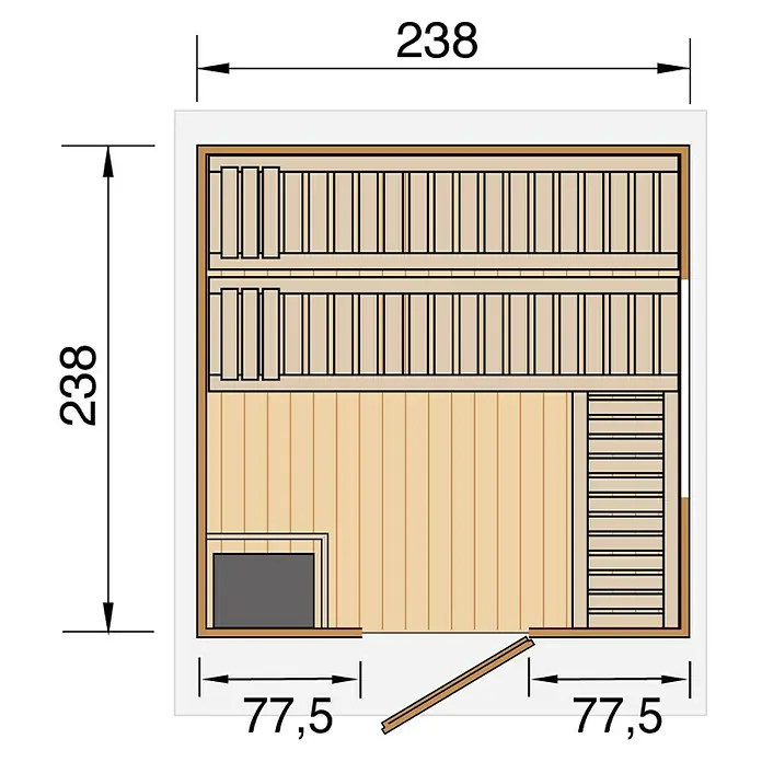 Weka Saunahaus Kuopio - Mit 9 kW Bio-Ofen mit externer Steuerung, Natur, L x B x H: 238 x 238 x 253 cm - Grundriss einer Sauna mit den Maßen 238 x 238 cm, Ofen und Bänken für entspannende Momente.