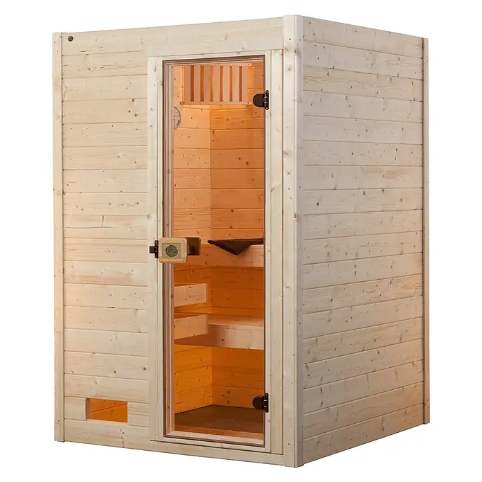 Weka Massivholzsauna Valida - Mit 4,5 kW Ofen mit digitaler Steuerung, L x B x H: 137 x 137 x 203,5 cm - Innenaufnahme einer Holzsauna mit Glastür, die Einblick auf die Bänke und die Holzverkleidung im Inneren gibt.
