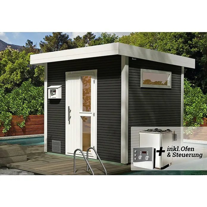 Weka Saunahaus Kuopio - Mit 9 kW Ofen mit externer Steuerung, Anthrazit, L x B x H: 238 x 238 x 253 cm - Außenansicht einer schwarzen Gartensauna mit weißem Rahmen, Tür, Fenster und Saunaofen mit Steuerung.