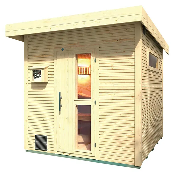 Weka Saunahaus Kuopio - Mit 9 kW Bio-Ofen mit externer Steuerung, Natur, L x B x H: 238 x 238 x 253 cm - Sauna-Außenansicht mit Holzwänden, Tür mit Fenstern, kleinem Fenster und Belüftung.