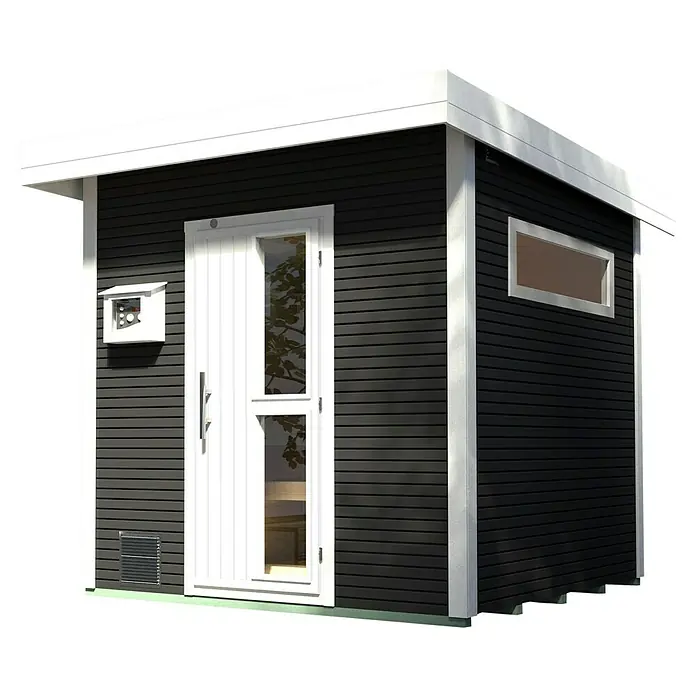 Weka Saunahaus Kuopio - Mit 9 kW Bio-Ofen mit externer Steuerung, Anthrazit, L x B x H: 238 x 238 x 253 cm - Ansicht eines modernen Saunahauses mit dunkler Holzverkleidung und weißen Akzenten, das ein stilvolles und entspannendes Erlebnis verspricht.