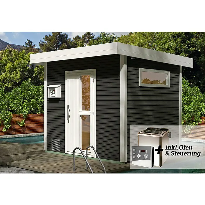 Weka Saunahaus Kuopio - Mit 9 kW Bio-Ofen mit externer Steuerung, Anthrazit, L x B x H: 238 x 238 x 253 cm - Moderne Gartensauna mit dunkler Holzverkleidung, weißem Rahmen und integriertem Ofen mit Steuerung für entspannende Wellness-Momente im eigenen Garten.