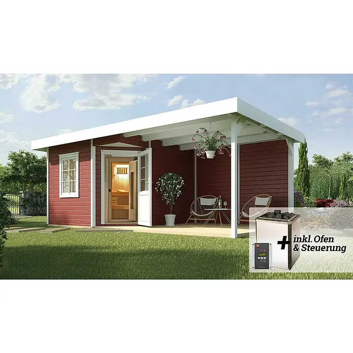 Weka Saunahaus Salo - Mit 7,5 kW Bio-Ofen mit digitaler Steuerung, Rot, L x B x H: 601 x 298 x 237 cm - Rotes Saunahaus mit weißem Dach, offenem Eingang und Saunaofen-Angebot. Entspannung pur im eigenen Garten!