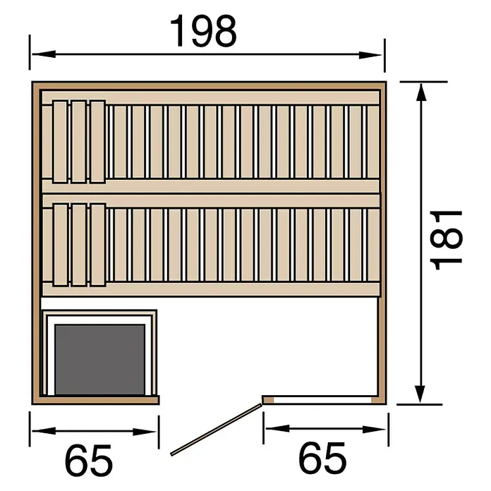 Weka Massivholzsauna BERGEN - Mit 7,5 kW Bio-Ofen mit digitaler Steuerung, L x B x H: 188 x 171 x 205 cm - Illustration eines Saunaplans mit Bemaßung, der die Länge (198), Breite (181) und den Eingangsbereich (65) angibt.