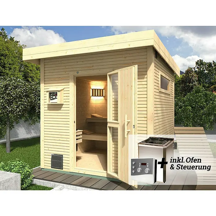 Weka Saunahaus Kuopio - Mit 9 kW Bio-Ofen mit externer Steuerung, Natur, L x B x H: 238 x 238 x 253 cm - Das Bild zeigt eine Außensauna aus Holz mit einer geöffneten Tür und einem Ofen, der im Lieferumfang enthalten ist.
