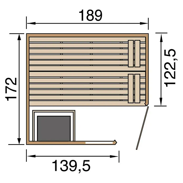 Weka Massivholzsauna Valida - Mit 7,5 kW Bio-Ofen mit digitaler Steuerung, L x B x H: 187 x 170 x 203,5 cm, Anzahl Fenster: 1 Stk. - Grundriss einer Sauna mit den Maßen 189 x 172 cm, Ofen und Bänken.
