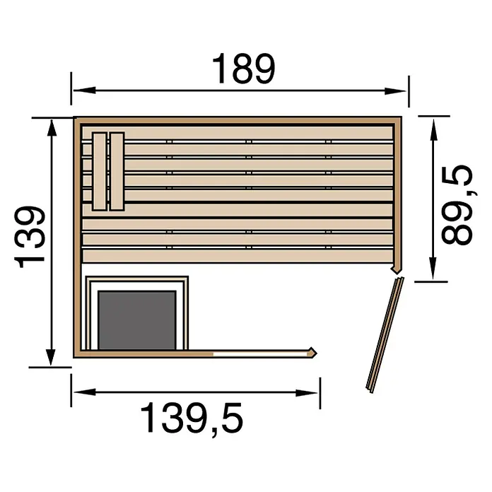 Weka Massivholzsauna Valida - Mit 5,4 kW Ofen mit integrierter Steuerung, L x B x H: 187 x 137 x 203,5 cm, Anzahl Fenster: 1 Stk. - Detaillierter Grundriss einer Sauna mit Maßen für Planung/Bau. Die Abmessungen sind 189 x 139 x 89,5 x 139,5 cm.
