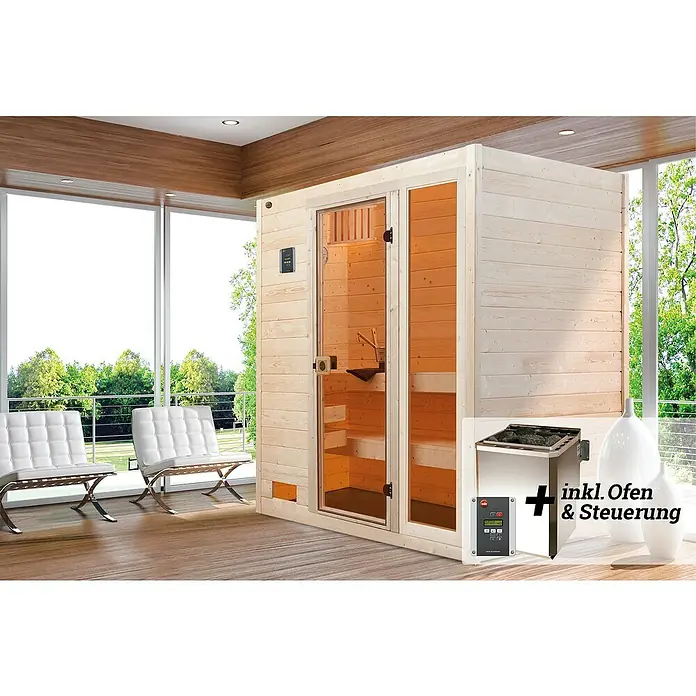 Weka Massivholzsauna Valida - Mit 7,5 kW Bio-Ofen mit digitaler Steuerung, L x B x H: 187 x 137 x 203,5 cm, Anzahl Fenster: 1 Stk. - Sauna aus hellem Holz mit Glastür und passendem Ofen mit Steuerung für entspannende Momente.
